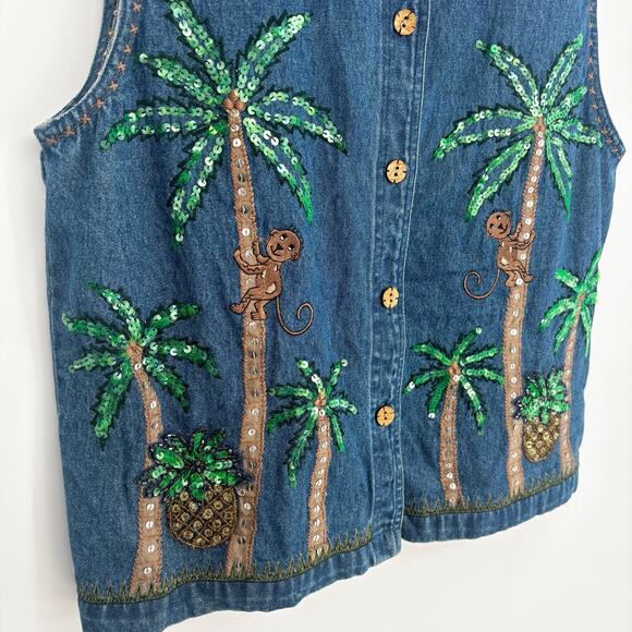 Life Style Denim Sequin Tropical Monkey Vest Size M - Picture 3 of 8